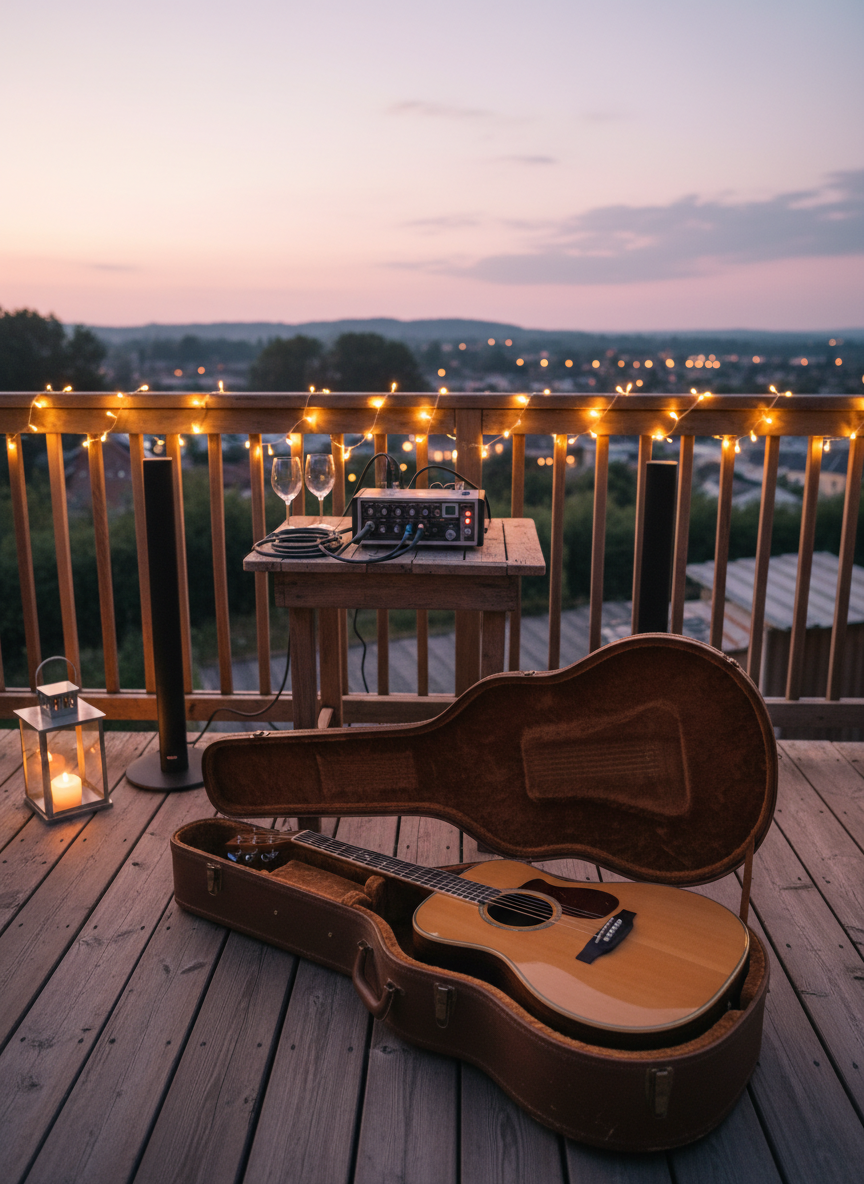 A carefully arranged small concert setup on a cozy wooden terrace: two vintage-style guitar cases slightly open to reveal glossy acoustic guitars, a compact mixer on a rustic table, and a pair of discreet column speakers flanking the scene. Fairy lights drape along the railing, their soft golden glow mixing with the last light of sunset sky in pale pink and lavender hues. Empty wine glasses and a simple candle lantern sit nearby, suggesting an apéro-concert ambiance. Photographic realism, shot at eye level using the rule of thirds, with a warm, relaxed mood and gently blurred distant town lights in the background, evoking intimate, friendly outdoor gigs.