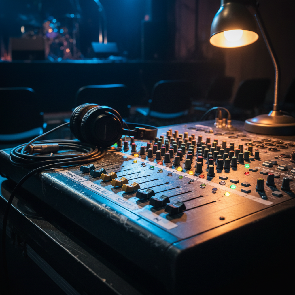 A close-up, cinematic view of a well-worn mixing console in a small venue, its brushed metal surface dotted with colorful faders, glowing LEDs, and labeled channels for STARTER and FMR. Coiled XLR cables and a pair of over-ear studio headphones rest nearby, their leather padding slightly creased from use. The scene is lit by a combination of cool blue stage spill and the warm amber of a nearby tungsten lamp, creating contrasting reflections on knobs and buttons. Photographic realism, captured from a low, side angle with a shallow depth of field, evoking the focused, behind-the-scenes preparation before a concert, with an energetic yet professional mood.