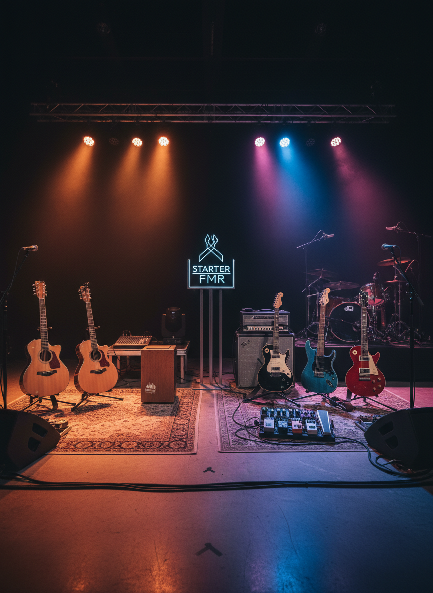 A split-stage scene showing two distinct but coordinated backline setups side by side: on the left, a compact acoustic-oriented rig with wooden-bodied guitars, a small cajón, and a tasteful PA; on the right, a more electric rock configuration with solid-body guitars, effect pedals neatly arranged on a pedalboard, and powerful amplifiers. The center is marked subtly with a shared logo stand featuring the names “STARTER” and “FMR” in clean, modern lettering. Colored stage lights fade from warm amber on the acoustic side to vibrant magenta and blue on the rock side. Photographic realism, shot from a frontal wide angle, balanced composition, highlighting the versatility and dual personality of the formations.