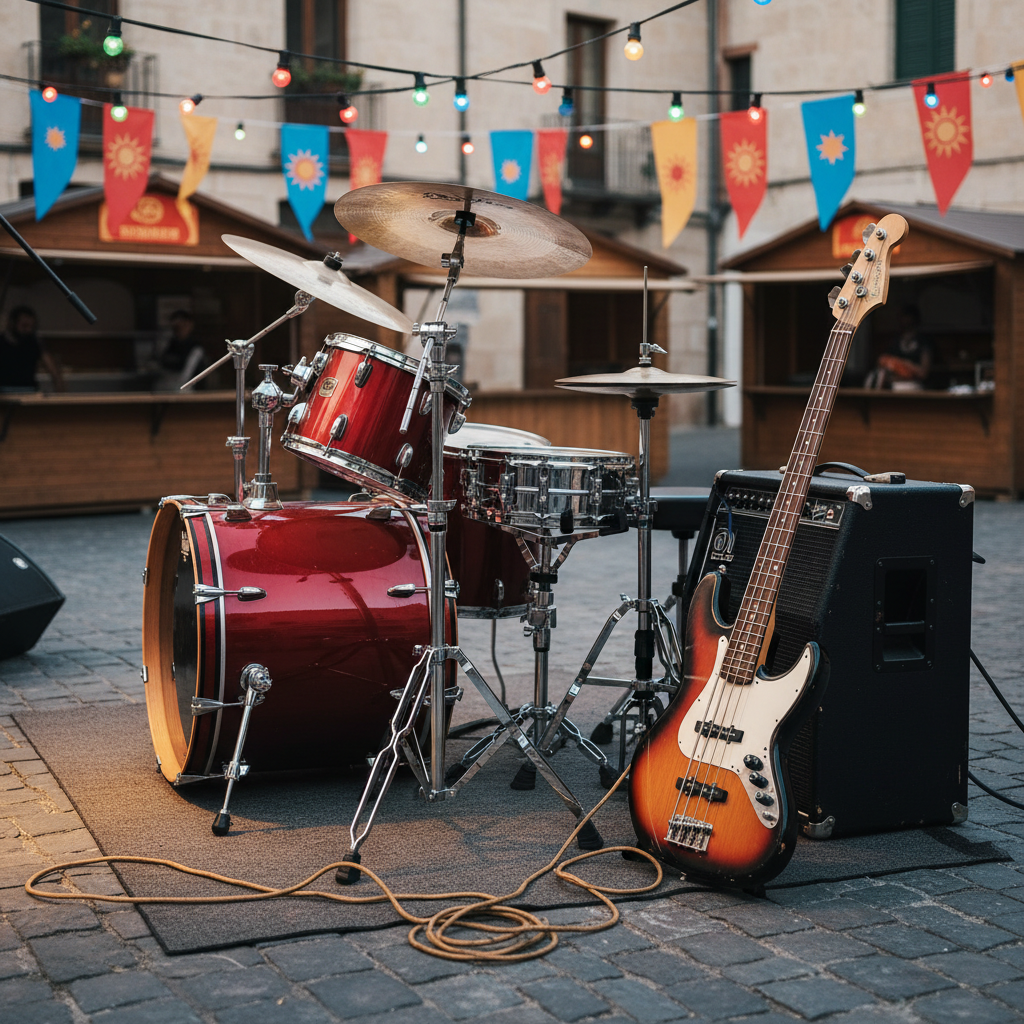 A dynamic drum kit and bass guitar corner set up for a lively rock set in a village square. The glossy red drum shells, chrome hardware, and slightly worn cymbals catch the glow of colorful overhead festoon lights. A well-used bass guitar with visible wood grain leans confidently against a sturdy amp, its cable loosely looping across the cobblestone. In the distance, simple festival banners flutter above closed food stalls, softly out of focus. Photographic realism, captured from a slightly elevated three-quarter angle, with vivid, punchy colors and crisp details in the instruments, conveying the playful, festive energy of popular outdoor celebrations and local fêtes.