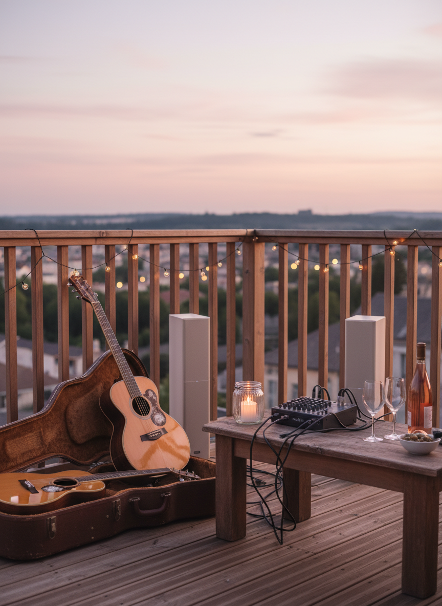 A carefully arranged small concert setup on a cozy wooden terrace: two vintage-style guitar cases slightly open to reveal glossy acoustic guitars, a compact mixer on a rustic table, and a pair of discreet column speakers flanking the scene. Fairy lights drape along the railing, their soft golden glow mixing with the last light of sunset sky in pale pink and lavender hues. Empty wine glasses and a simple candle lantern sit nearby, suggesting an apéro-concert ambiance. Photographic realism, shot at eye level using the rule of thirds, with a warm, relaxed mood and gently blurred distant town lights in the background, evoking intimate, friendly outdoor gigs.