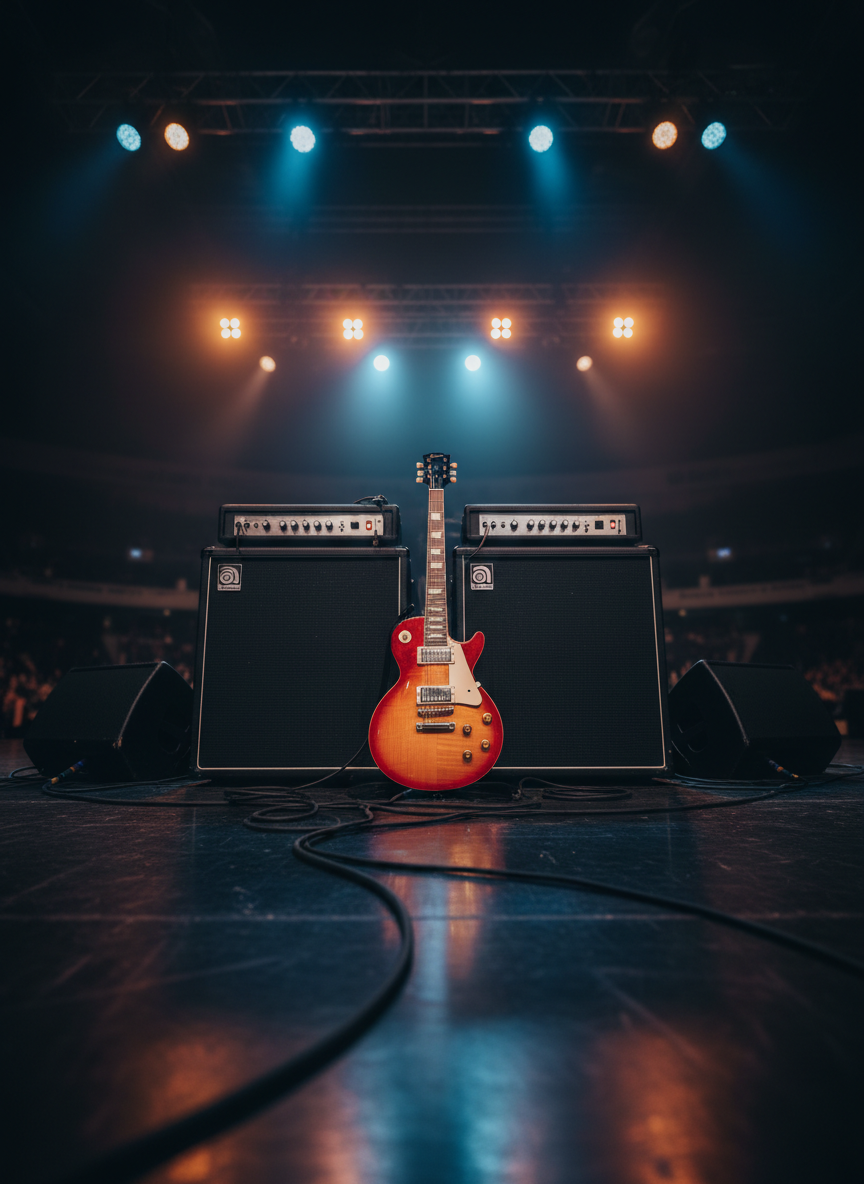 A pair of sleek, modern guitar amplifiers and a polished electric guitar with a sunburst finish rest center stage, surrounded by neatly coiled instrument cables and classic black monitor speakers. The stage floor is dark matte wood with subtle reflections. Colored LED stage lights in warm amber and soft blue wash across the gear, creating dramatic highlights on chrome knobs and textured grill cloth. The background fades into a gentle bokeh of blurred stage trusses and hanging lights. Photographic realism, shot from a low, slightly angled perspective, with a shallow depth of field that keeps the instruments razor sharp while conveying an energetic yet inviting concert atmosphere, perfect for a playful rock and pop cover band website.