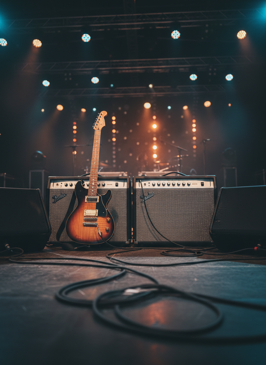 A pair of sleek, modern guitar amplifiers and a polished electric guitar with a sunburst finish rest center stage, surrounded by neatly coiled instrument cables and classic black monitor speakers. The stage floor is dark matte wood with subtle reflections. Colored LED stage lights in warm amber and soft blue wash across the gear, creating dramatic highlights on chrome knobs and textured grill cloth. The background fades into a gentle bokeh of blurred stage trusses and hanging lights. Photographic realism, shot from a low, slightly angled perspective, with a shallow depth of field that keeps the instruments razor sharp while conveying an energetic yet inviting concert atmosphere, perfect for a playful rock and pop cover band website.