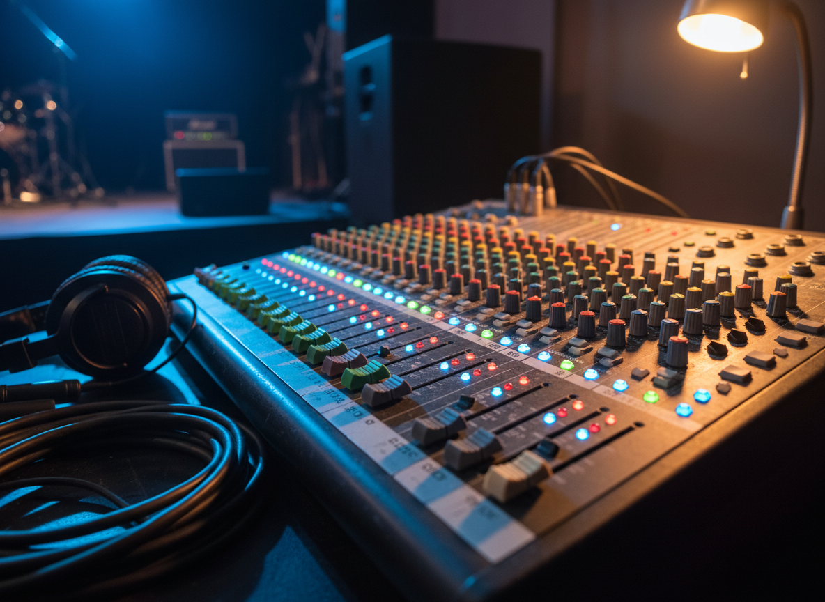 A close-up, cinematic view of a well-worn mixing console in a small venue, its brushed metal surface dotted with colorful faders, glowing LEDs, and labeled channels for STARTER and FMR. Coiled XLR cables and a pair of over-ear studio headphones rest nearby, their leather padding slightly creased from use. The scene is lit by a combination of cool blue stage spill and the warm amber of a nearby tungsten lamp, creating contrasting reflections on knobs and buttons. Photographic realism, captured from a low, side angle with a shallow depth of field, evoking the focused, behind-the-scenes preparation before a concert, with an energetic yet professional mood.