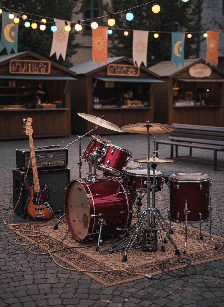 A dynamic drum kit and bass guitar corner set up for a lively rock set in a village square. The glossy red drum shells, chrome hardware, and slightly worn cymbals catch the glow of colorful overhead festoon lights. A well-used bass guitar with visible wood grain leans confidently against a sturdy amp, its cable loosely looping across the cobblestone. In the distance, simple festival banners flutter above closed food stalls, softly out of focus. Photographic realism, captured from a slightly elevated three-quarter angle, with vivid, punchy colors and crisp details in the instruments, conveying the playful, festive energy of popular outdoor celebrations and local fêtes.