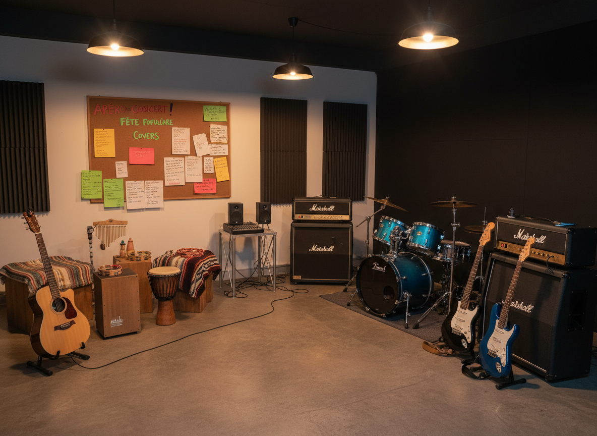 An inviting band rehearsal space with two distinct zones: one side featuring a compact acoustic setup with a natural-finish guitar on a stand, a small percussion kit, and a simple PA; the other side displaying a more powerful rock rig with electric guitars, a larger drum kit, and stacked amps. Colorful setlists and handwritten song notes are taped to a corkboard on the back wall, including playful references to apéro-concerts and fêtes populaires. Warm overhead industrial lamps cast soft, directional light that creates gentle shadows and a cozy glow. Photographic realism, shot from a slightly elevated wide angle, showcasing the creative, playful energy of preparing diverse cover sets.