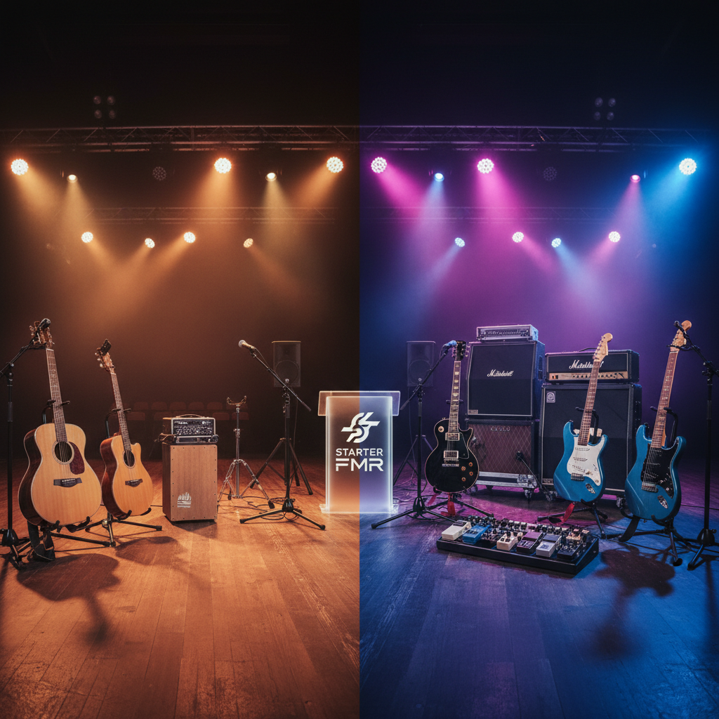 A split-stage scene showing two distinct but coordinated backline setups side by side: on the left, a compact acoustic-oriented rig with wooden-bodied guitars, a small cajón, and a tasteful PA; on the right, a more electric rock configuration with solid-body guitars, effect pedals neatly arranged on a pedalboard, and powerful amplifiers. The center is marked subtly with a shared logo stand featuring the names “STARTER” and “FMR” in clean, modern lettering. Colored stage lights fade from warm amber on the acoustic side to vibrant magenta and blue on the rock side. Photographic realism, shot from a frontal wide angle, balanced composition, highlighting the versatility and dual personality of the formations.